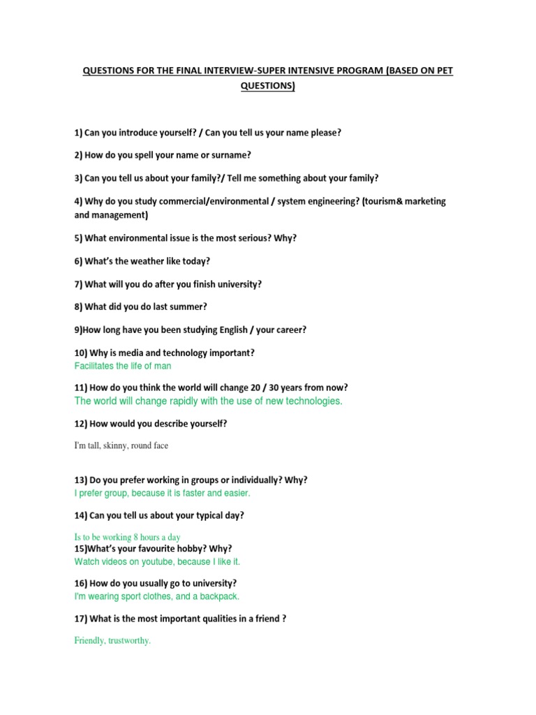Questions For The Final Interview-Super Intensive Program (Based On Pet ...