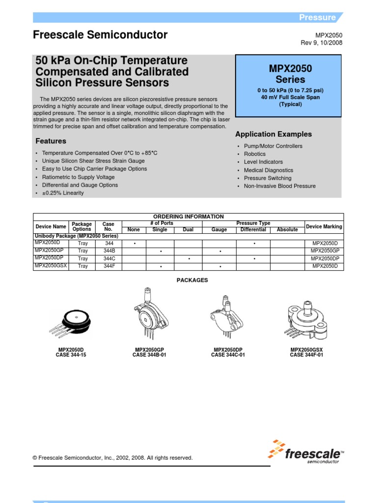 0 kPa 50 kPa Differential 0.8 mV//kPa 10 V Pressure Sensor 16 V