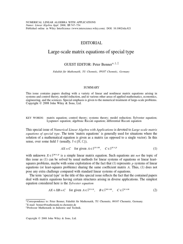 Large-Scale Matrix Equations of Special Type: Editorial | PDF ...