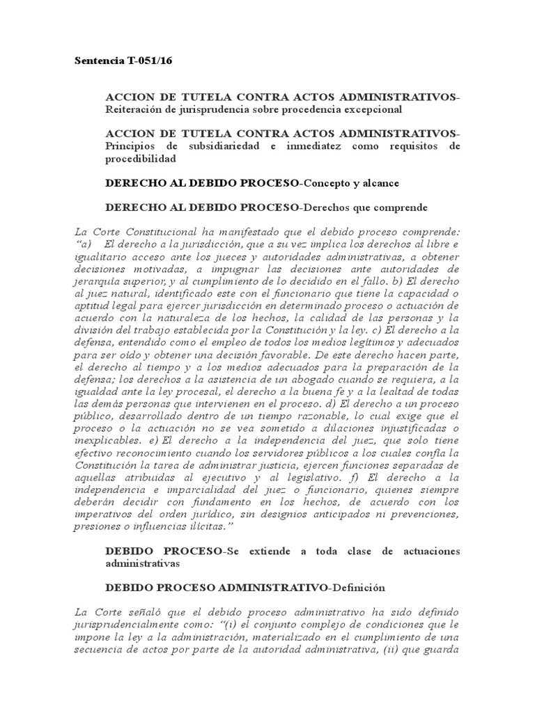 Sentencia T-051/16 sobre debido proceso | PDF | Debido al proceso