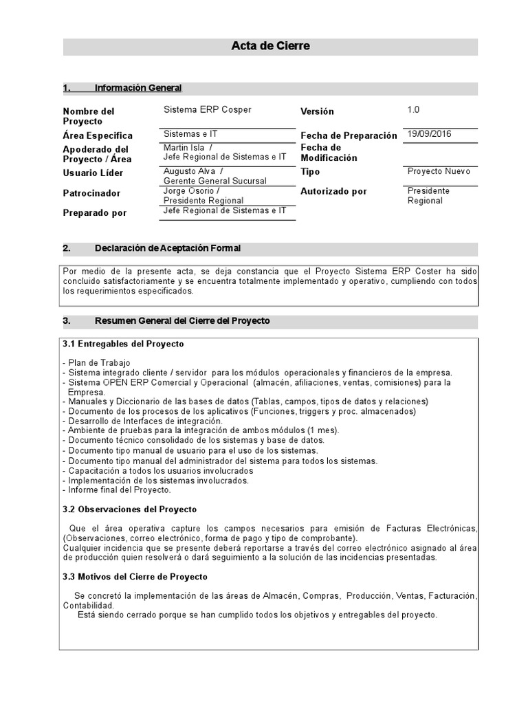 Acta de Cierre del Proyecto ERP | PDF | Planificación de recursos ...