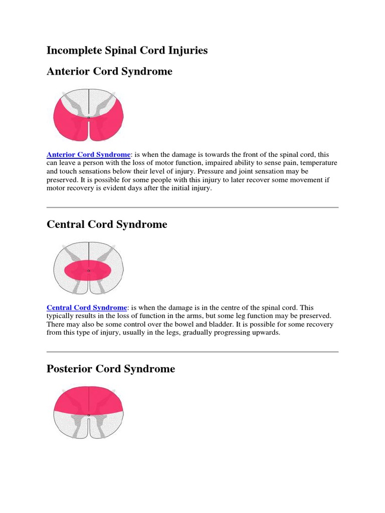 Incomplete Spinal Cord Injury Types | PDF