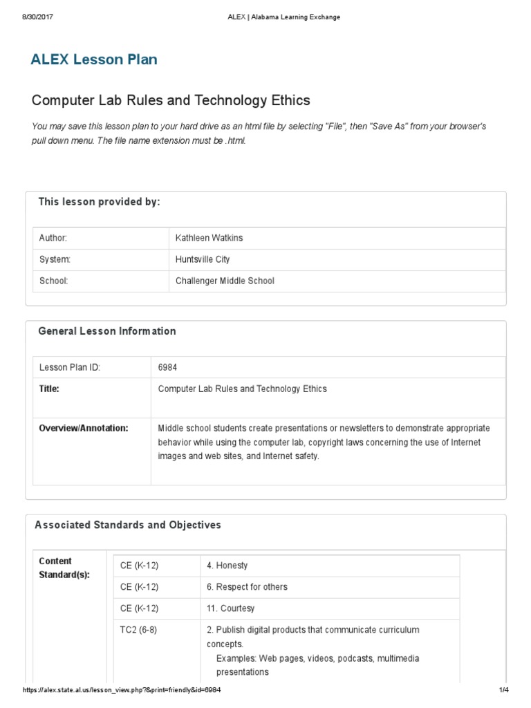 Computer Lab Rules and Technology Ethics: ALEX Lesson Plan | PDF ...
