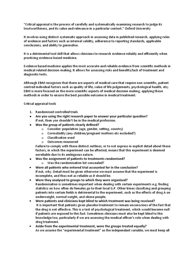 Critical Appraisal Part 1 Assignment PDF Evidence Based Medicine