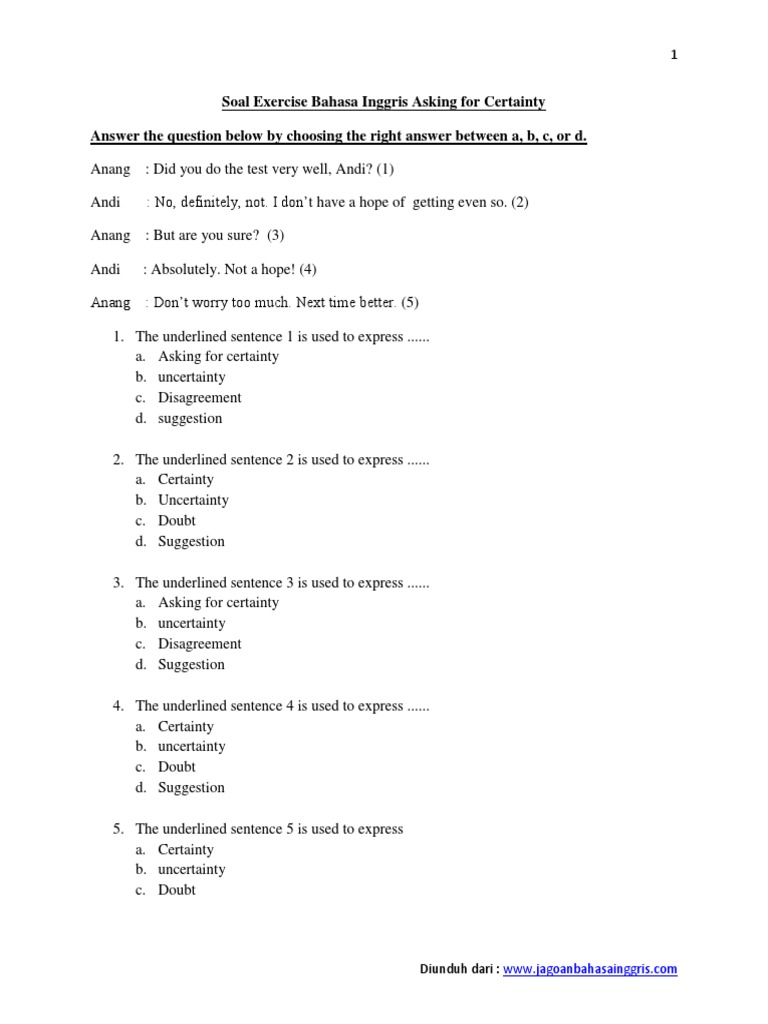 1 Soal Exercise Bahasa Inggris Asking For Certainty