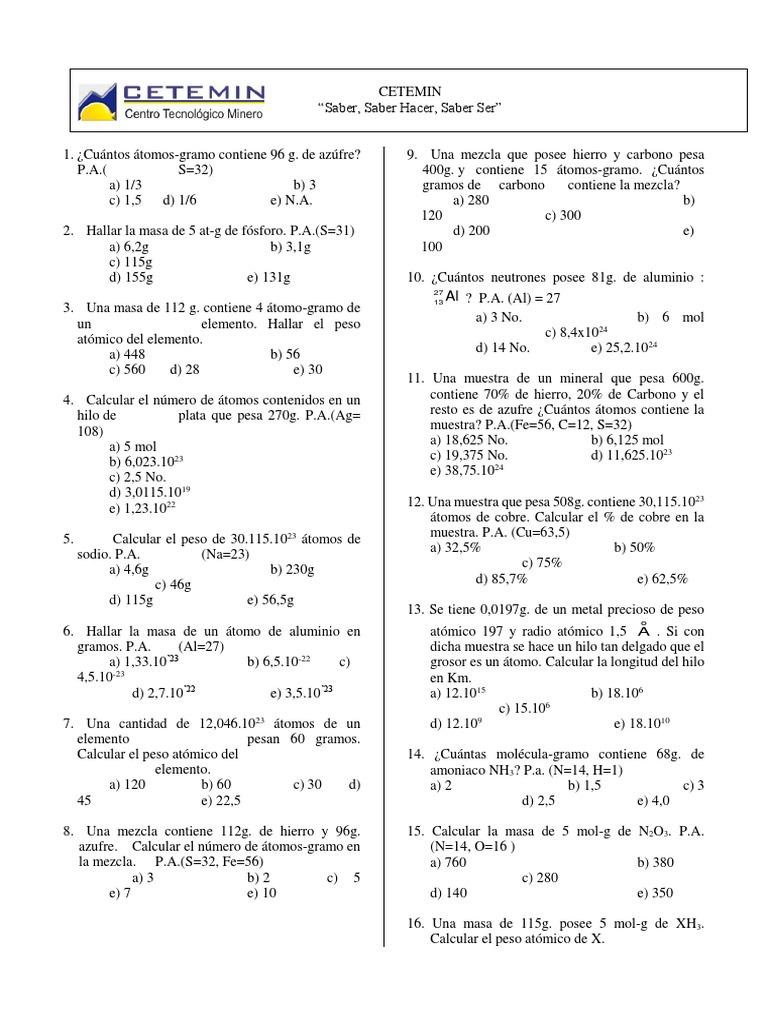 Ejercicios de Química: Cálculos Atómicos y Moleculares | PDF | Mole ...
