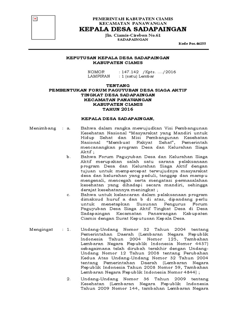 Sk Kepala Desa Tentang Paguyuban Desa Siaga Aktif Pdf