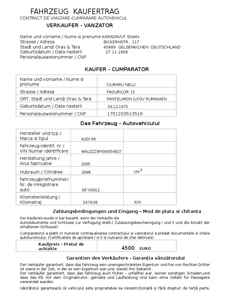 Model Contract Vanzare Auto : Contract De Vanzare-Cumparare Auto Model ...