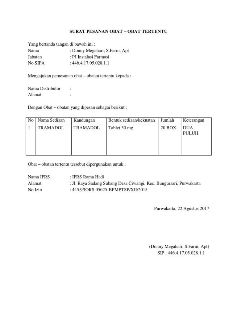 Contoh Surat Pesanan Obat Obat Tertentu Jenis surat pesanan obat.
