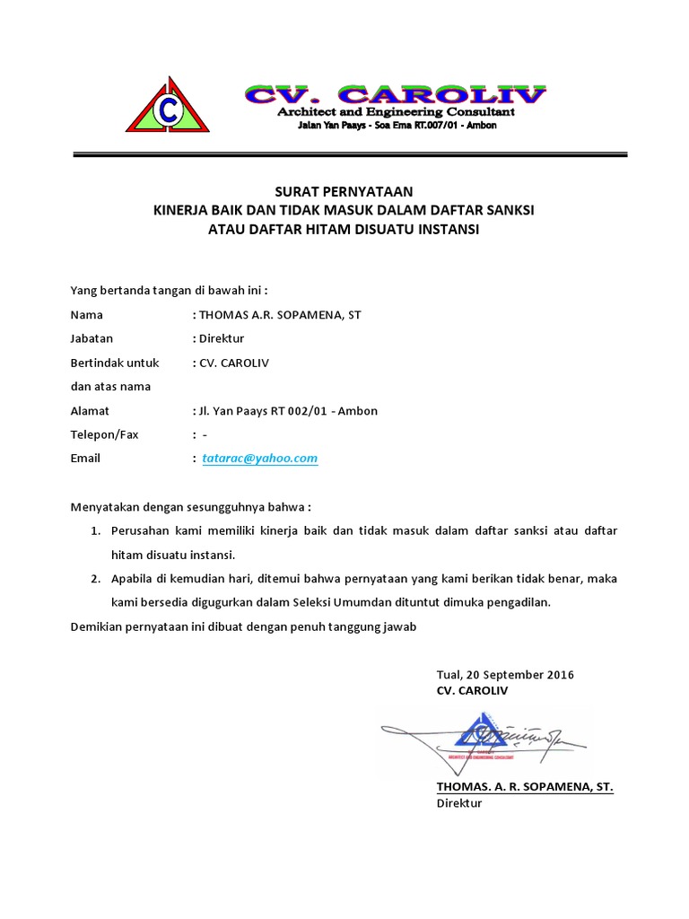 Surat Pernyataan Daftar Hitam