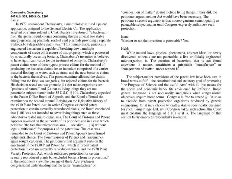 Diamond vs. Chakrabarty PDF Monopoly (Economics) Patent Law