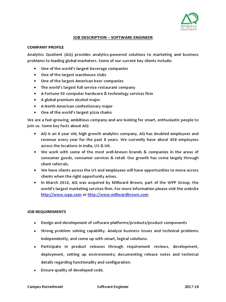 Software Engineer Job Description at AQ | PDF | Software Engineering ...