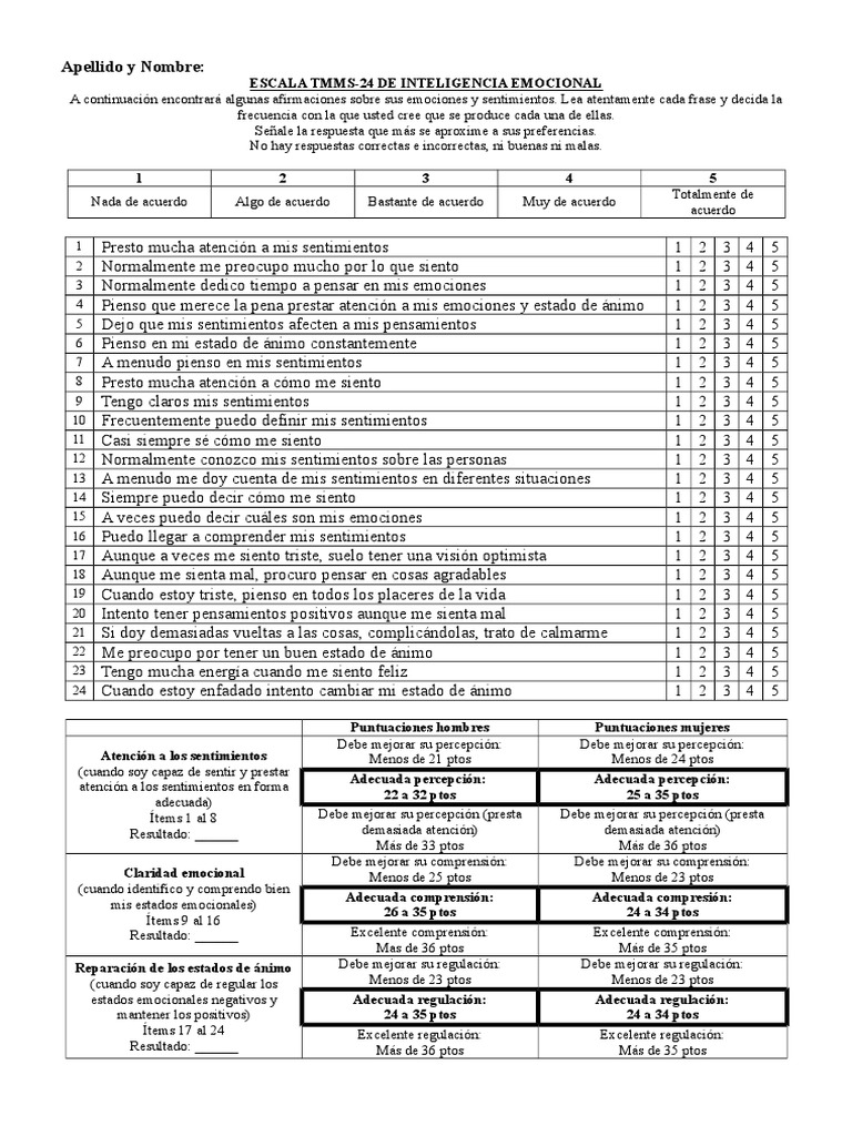 Escala TMMS-24 de Inteligencia Emocional | PDF | Inteligencia emocional ...