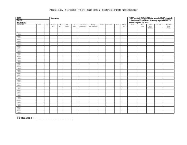 Physical Fitness Test and Body Composition Worksheet: Remarks | PDF