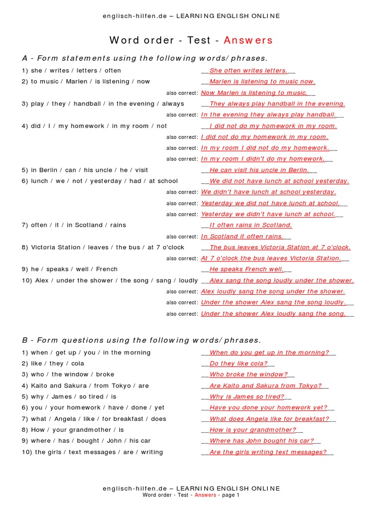English Word Order Exercises and Answers | PDF | Verb | Syntax