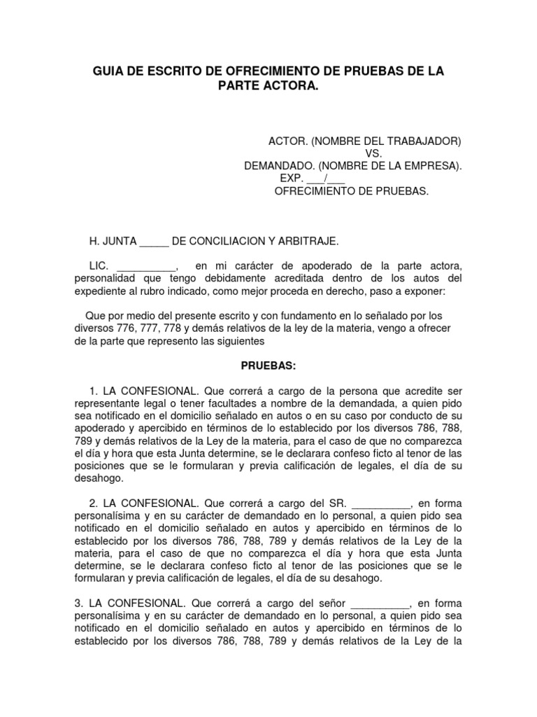 Ejemplo De Ofrecimiento De Pruebas En Materia Laboral