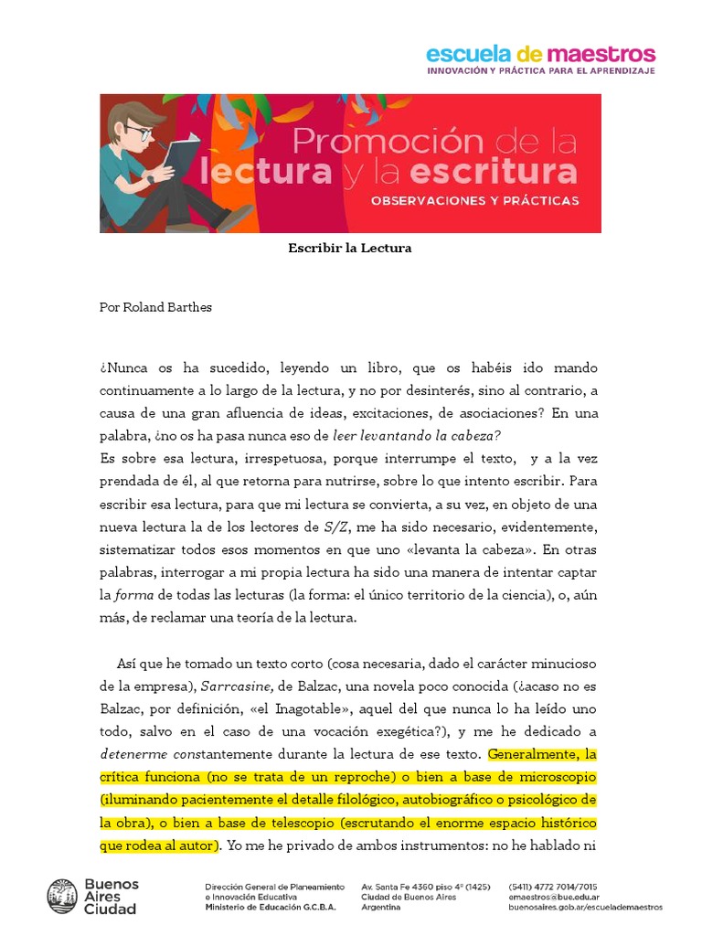 Barthes - Escribir La Lectura | PDF | Lectura (proceso) | Razón
