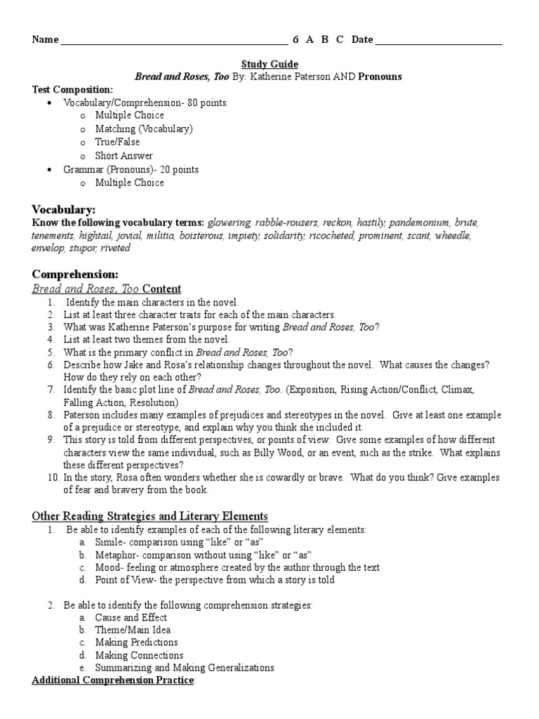 Bread and Roses Too Study Guide PDF Reading Comprehension Linguistics