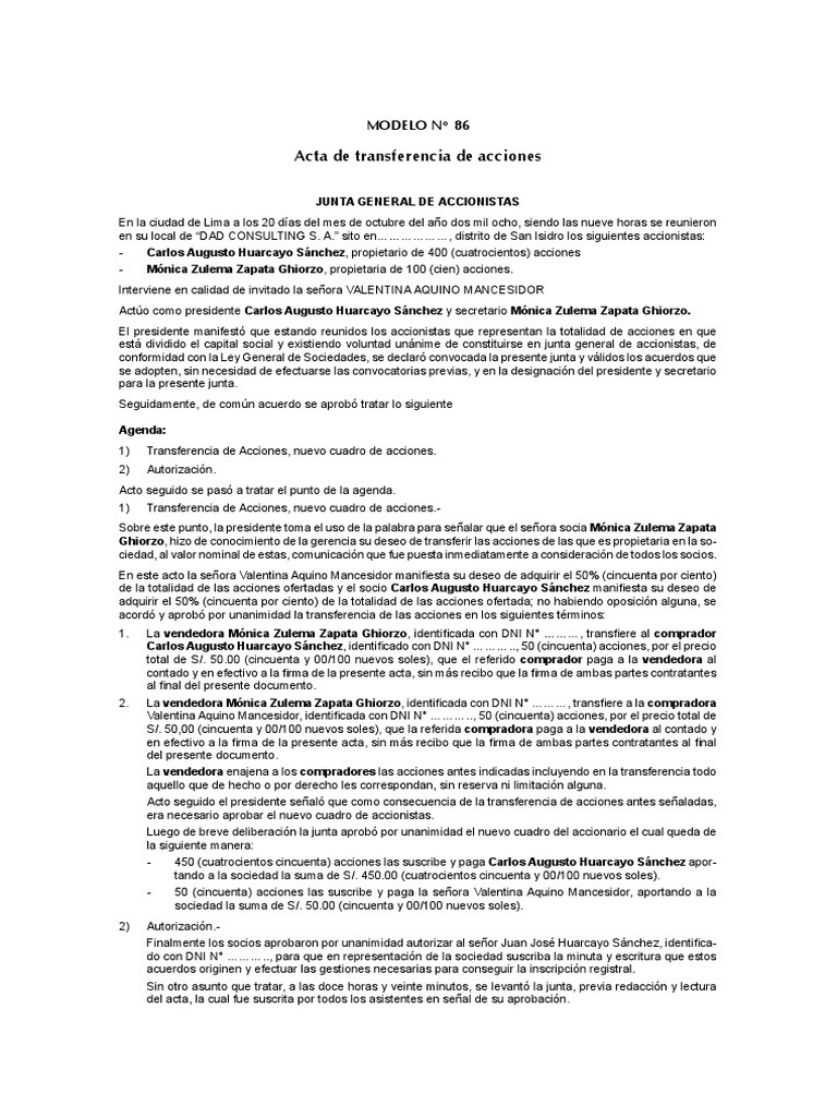 86 Acta de Transferencia de Acciones | PDF | Compartir (Finanzas) | Gobierno