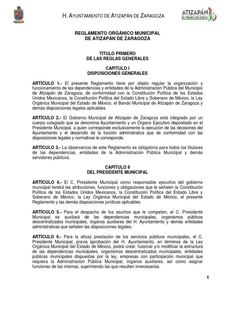 Reglamento Organico Municipal de Atizapan de Zaragoza 2016 Regulación Alcalde