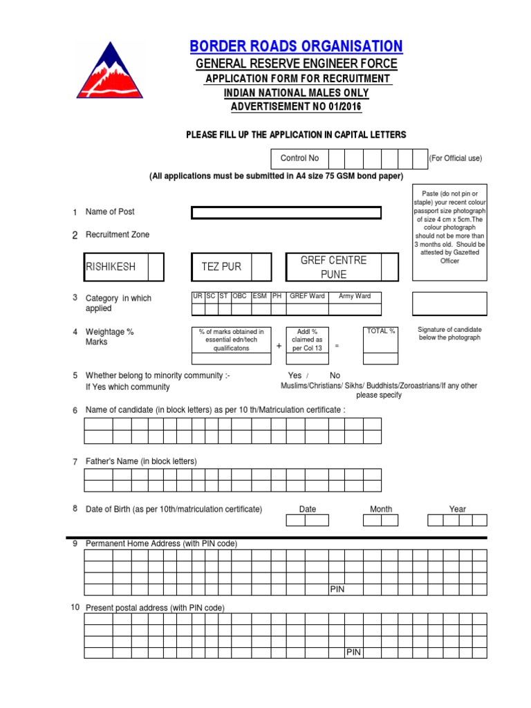 Application Form BRO Multi Skilled Worker Driver Other Posts | PDF ...