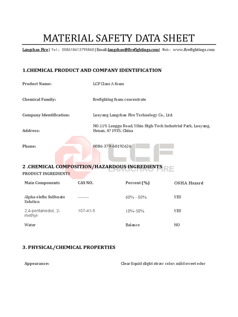 Class a Foam Msds Lcf Chemistry Materials
