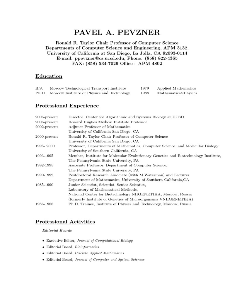 Pavel A. Pevzner Education PDF Bioinformatics Computational Biology