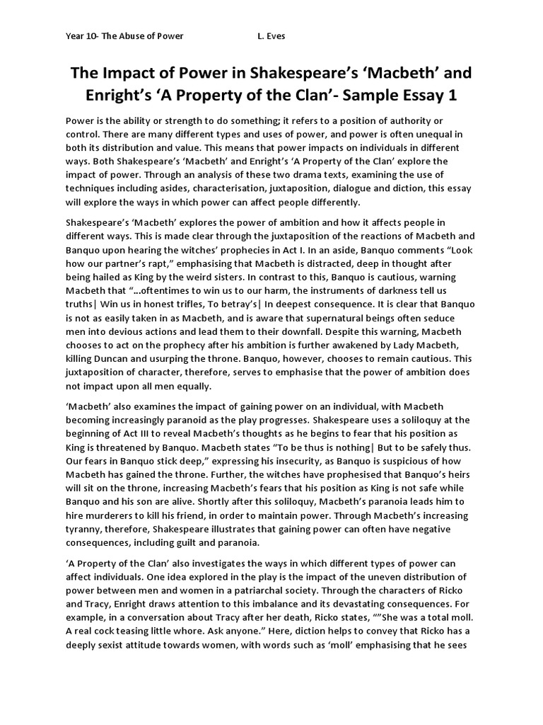 The Abuse of Power Sample Essay PDF Macbeth