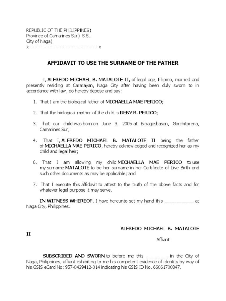 Affidavit for Child's Surname Use | PDF