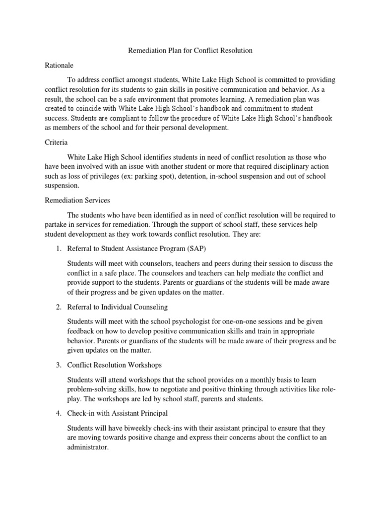 Remediation Plan For Conflict Resolution Conflict Resolution School
