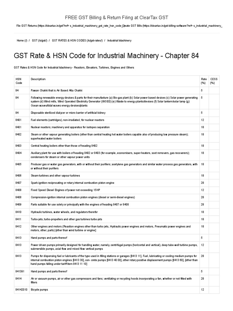 GST Rate & HSN Code For Industrial Machinery Chapter 84 Internal