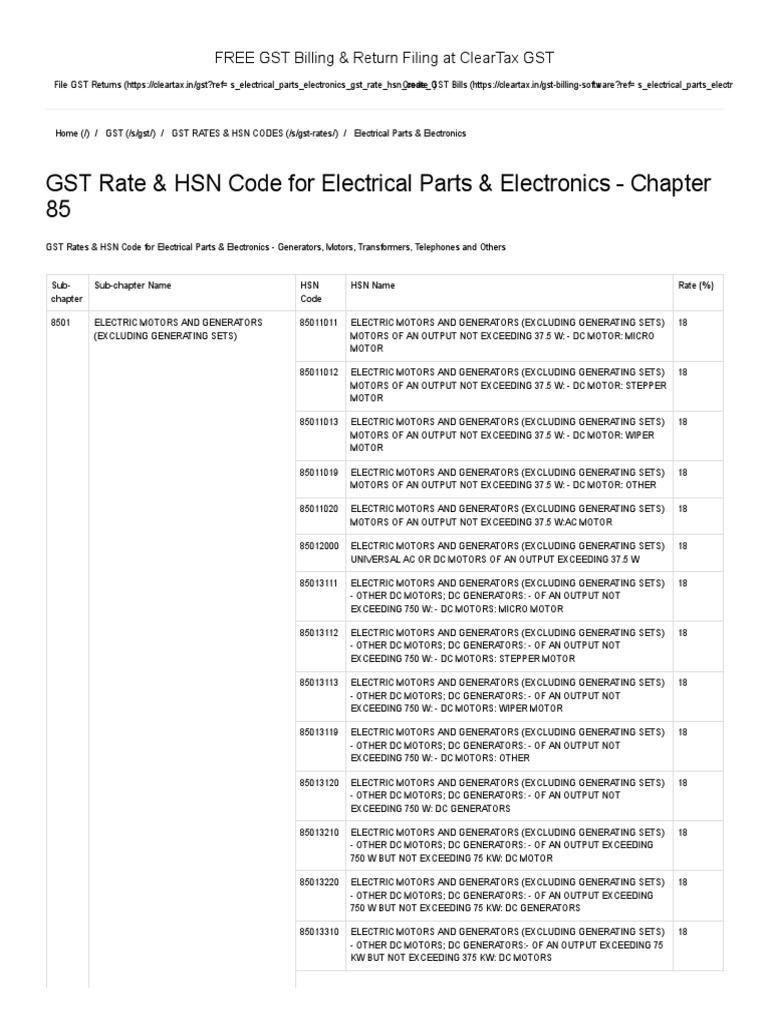 GST Rate & HSN Code For Electrical Parts & Electronics Chapter 85