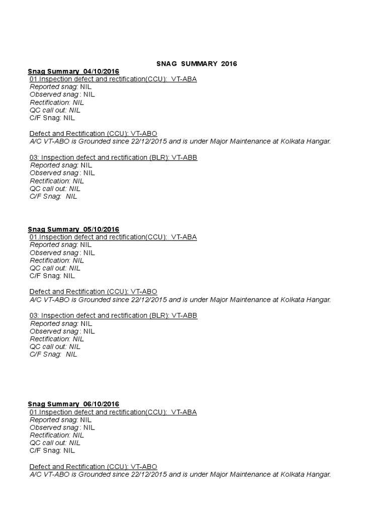 Snag Summmaries PDF Aviation Aircraft