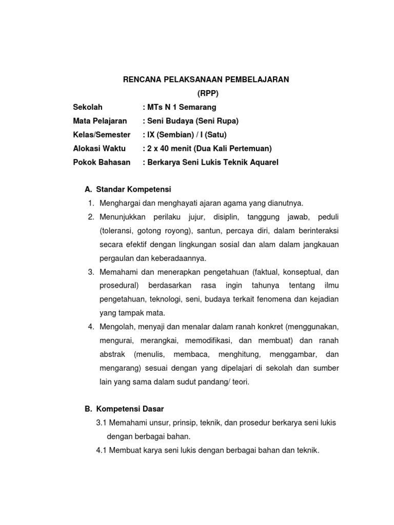 Rpp Seni Lukis Kelas Ix
