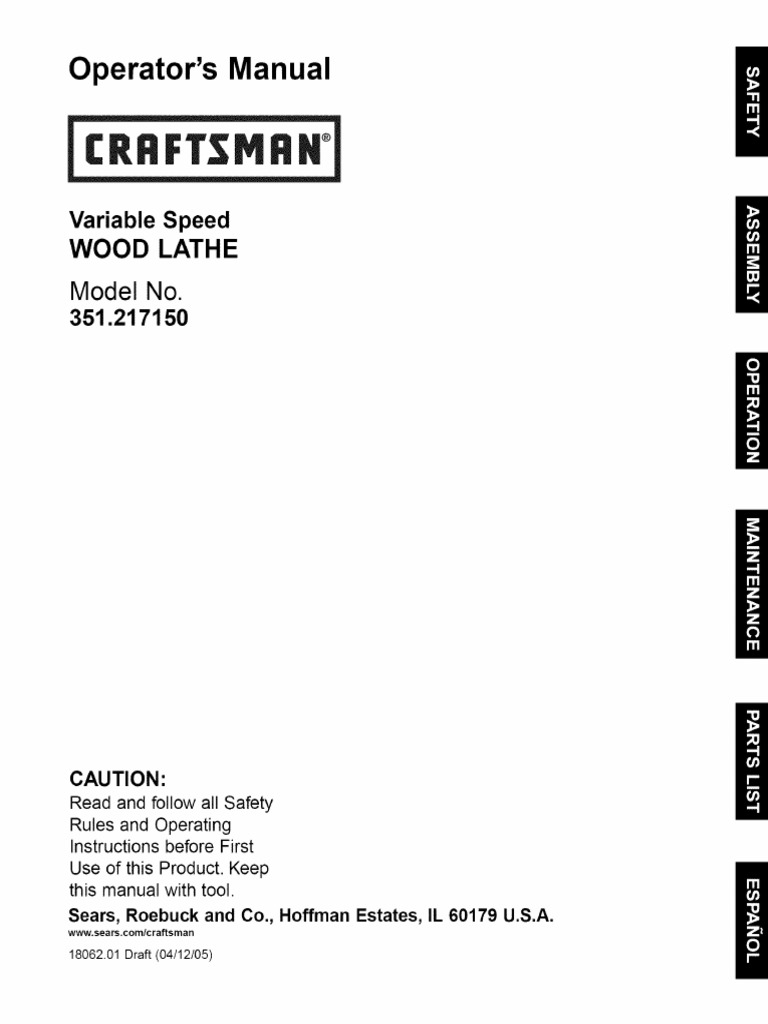 Sears Craftsman 351.217170 Wood Lathe Manual PDF Mains Electricity Electrical Connector