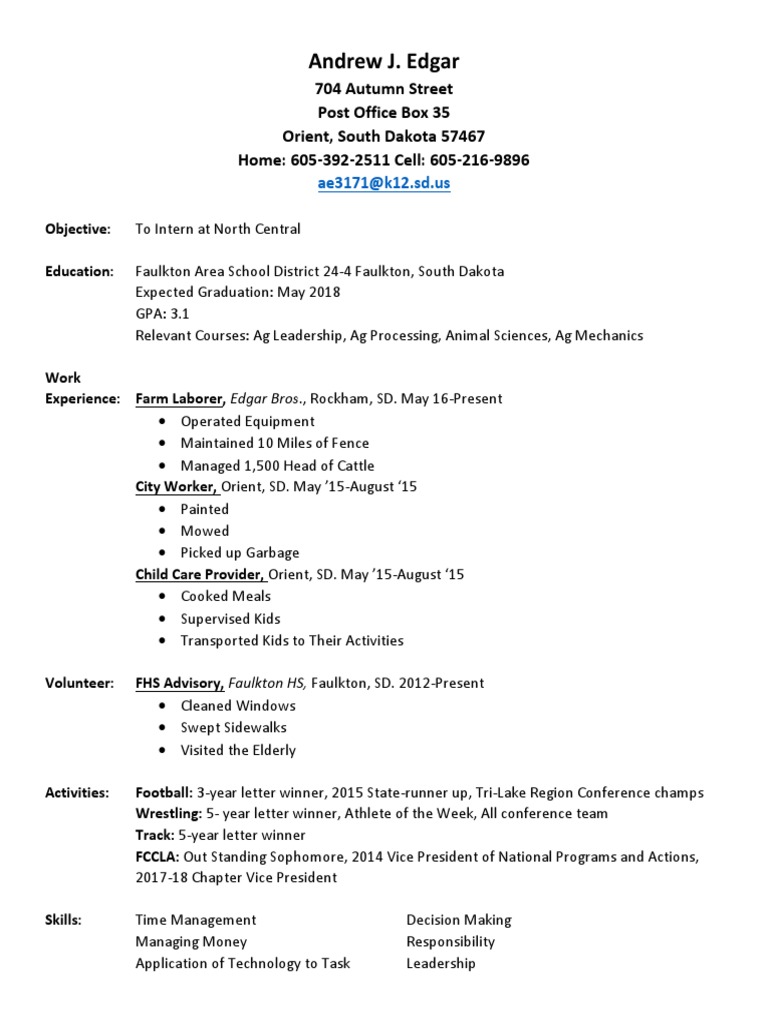 Andrew J. Edgar 704 Autumn Street Post Office Box 35 Orient, South