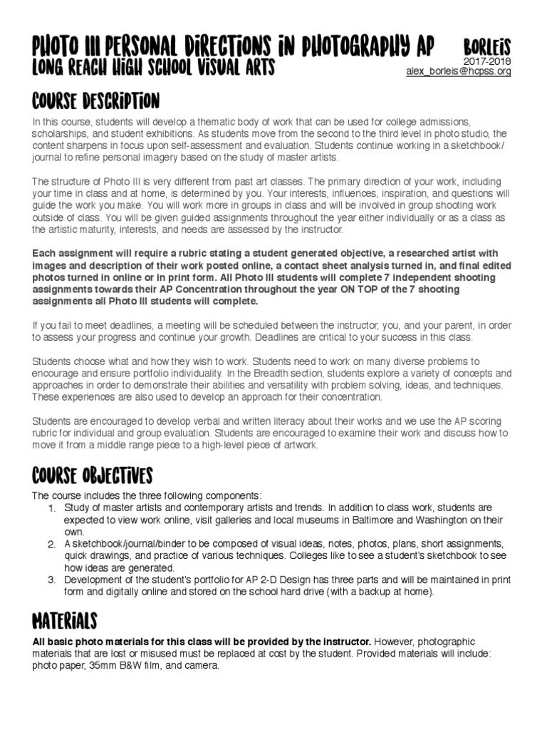 Photo IIIPersonal Directions in Photography AP Long Reach High School