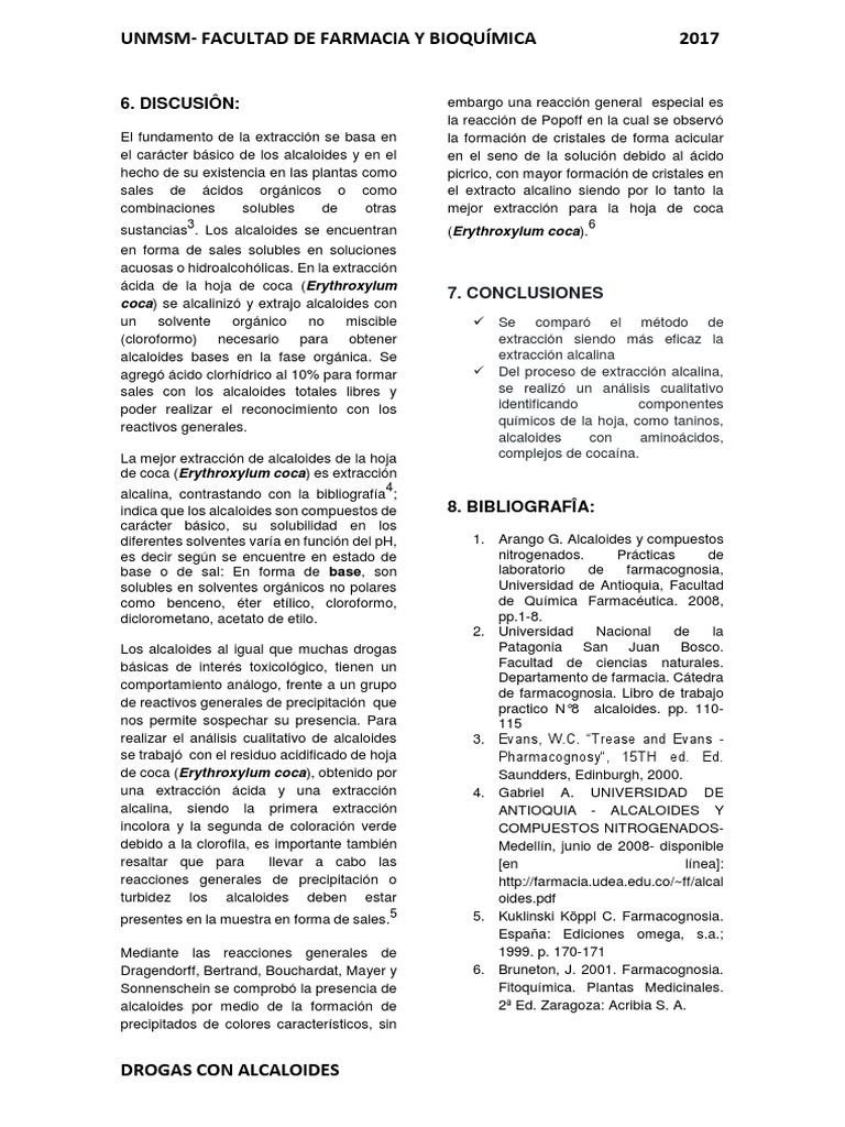 Análisis cualitativo de alcaloides en la hoja de coca (Erythroxylum