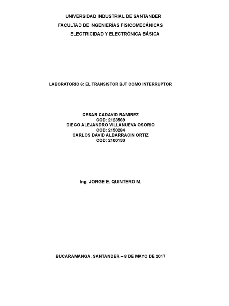 Lab 6 Transistor BJT Como Interruptor PDF Transistor de unión