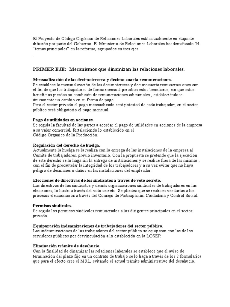 Resumen Codigo De Trabajo Relaciones Laborales Derecho Laboral