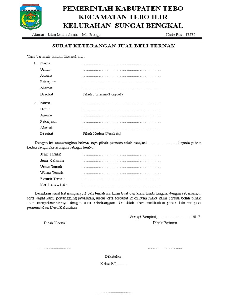Surat Keterangan Jual Beli Ternak Docx