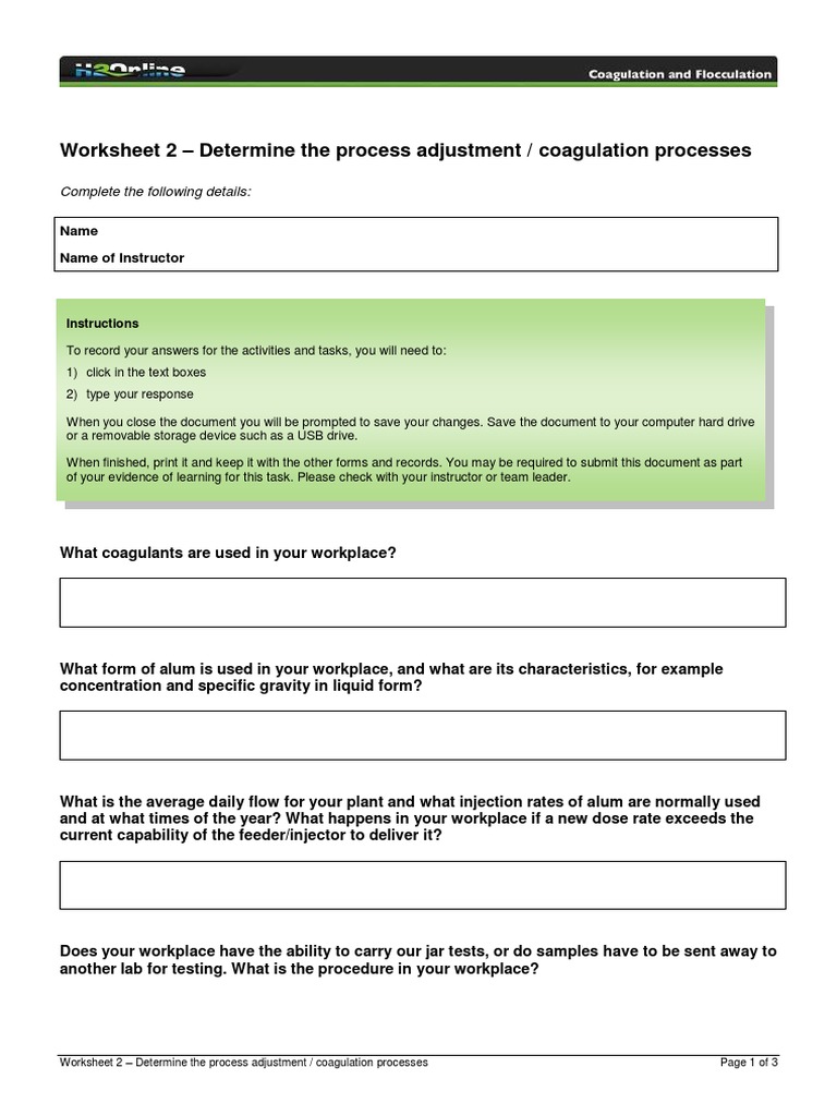Worksheet 2 - Determine The Process Adjustment / Coagulation Processes ...