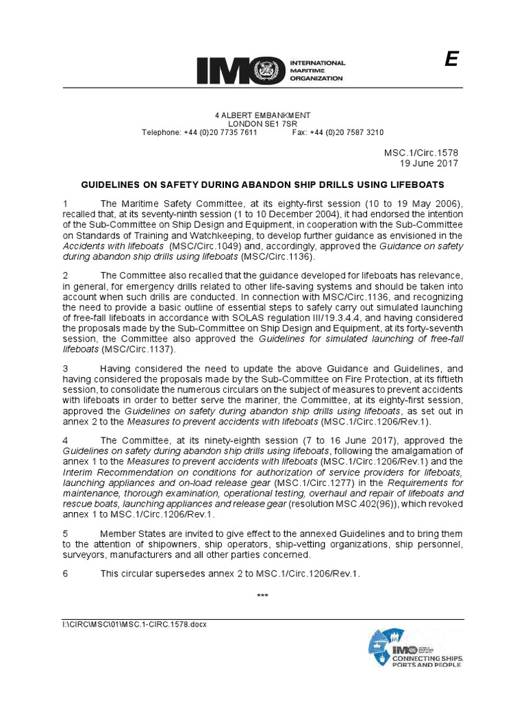 Imo MSC 1 Circ 1578 Guidelines On Abandon Ship Drills Using Lifeboats ...