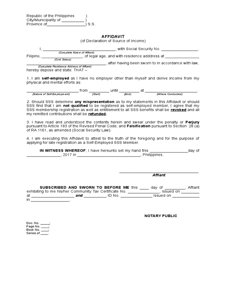 Affidavit Of Declaration Of Source Of Income Self Employed Doc Affidavit Justice