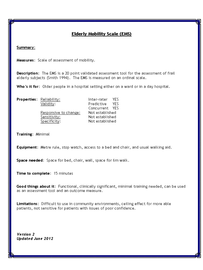 Elderly Mobility Scale Assessment Tool | PDF | Emergency Medical ...