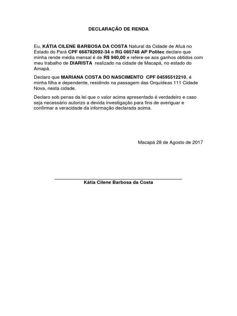 Modelo de Declaração de Renda ProUni | PDF