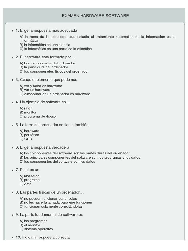 Examen de Hardware y Software | PDF | Hardware de la computadora ...