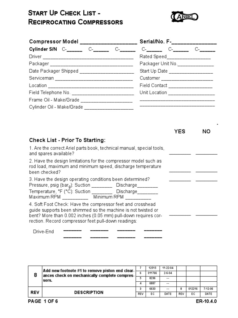 Ariel Startup Check List (Er10.4.0) Gas Compressor Valve