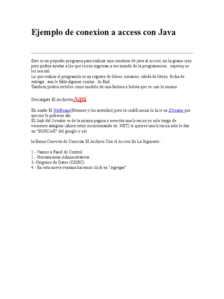 Conexión Java a Access: Guía Práctica | PDF | Java (lenguaje de ...