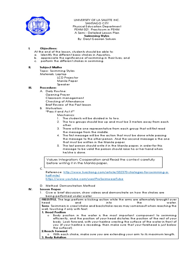 Semi Detailed Lesson Plan in Aquatics PDF Swimming Water Sports